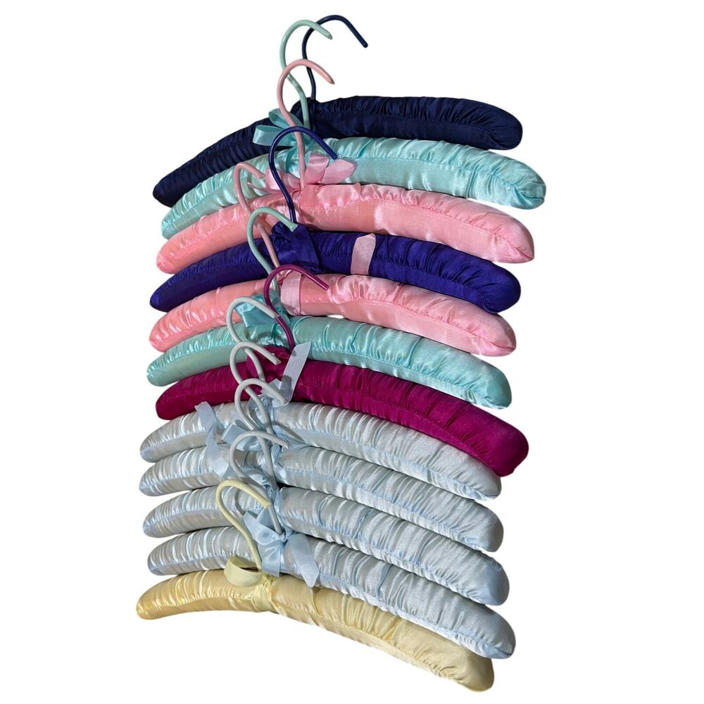 Lot of 12 Satin Padded Clothes Hangers Multicolor with Bow Accents - Picture 4 of 10